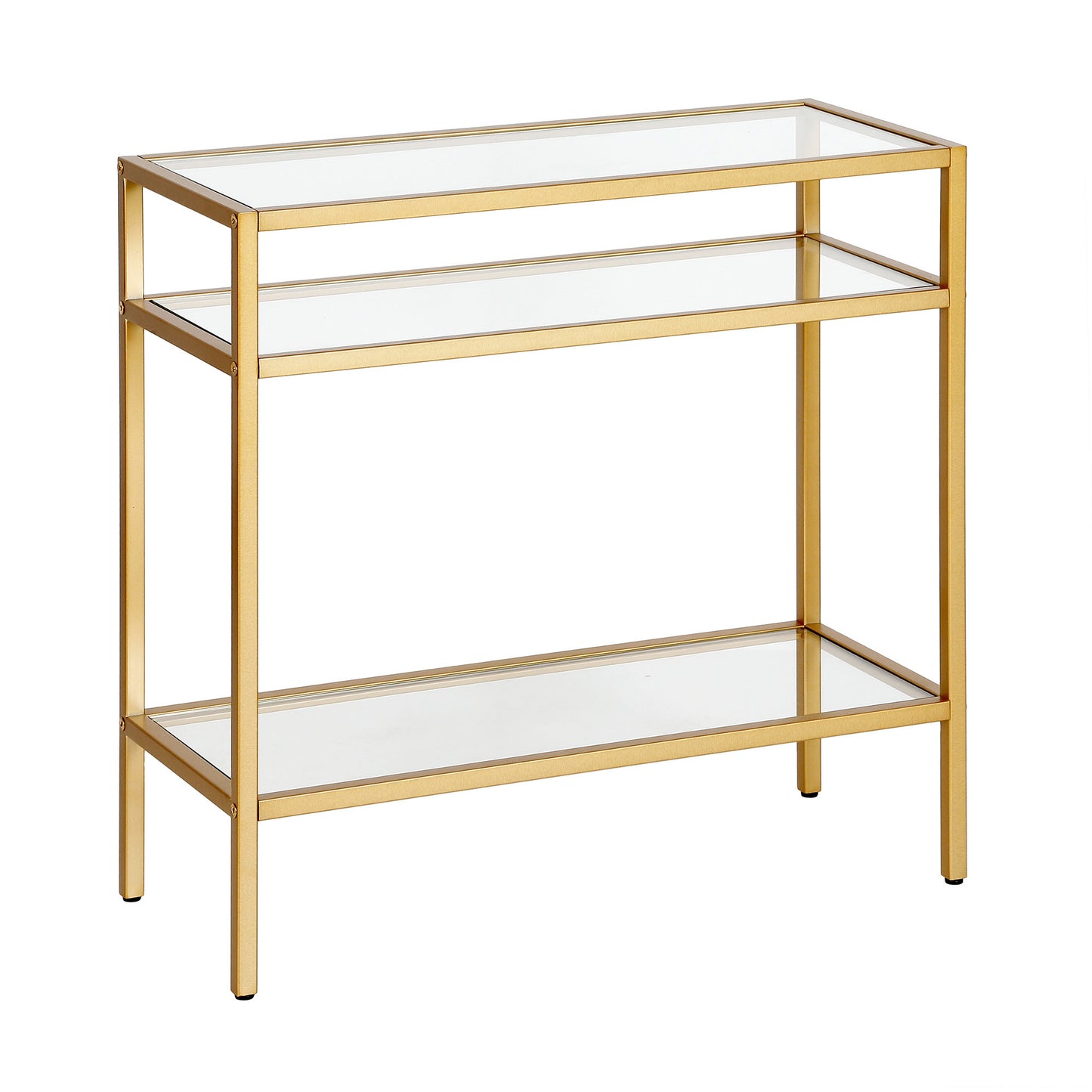 24" Brass And Clear Glass And Steel End Table With Two Shelves