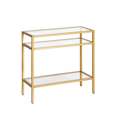 24" Brass And Clear Glass And Steel End Table With Two Shelves