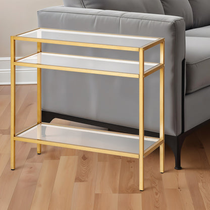 24" Brass And Clear Glass And Steel End Table With Two Shelves