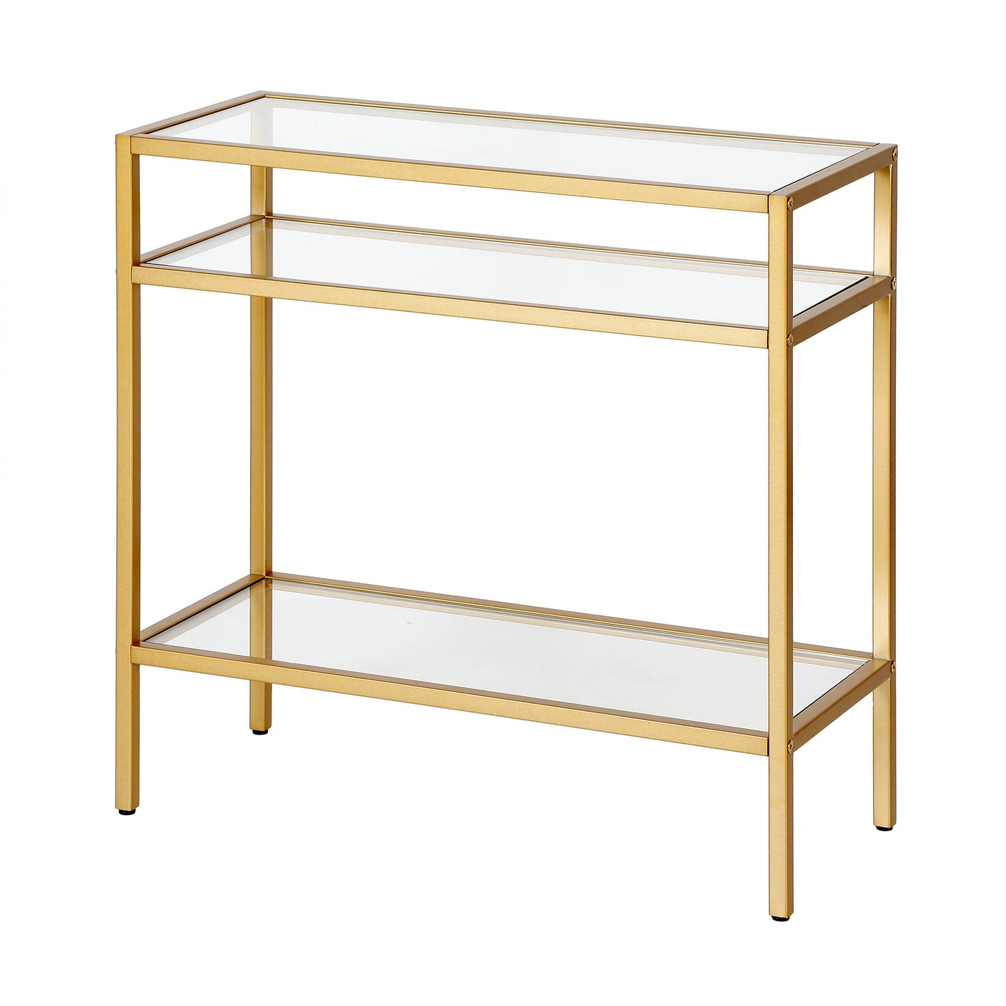 24" Brass And Clear Glass And Steel End Table With Two Shelves