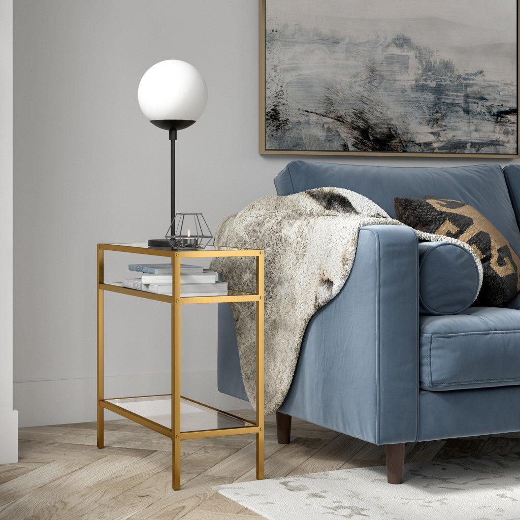 24" Brass And Clear Glass And Steel End Table With Two Shelves