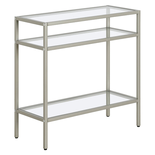 24" Nickel And Clear Glass And Steel End Table With Two Shelves