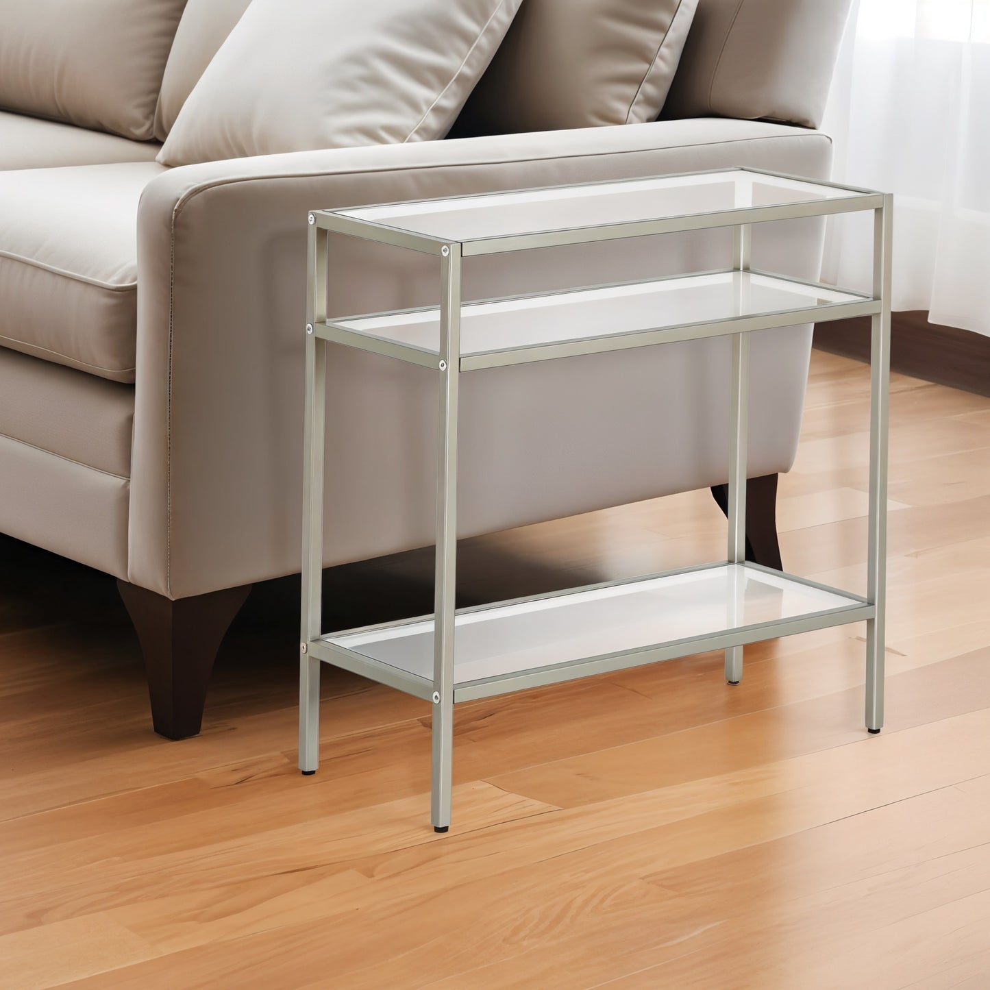 24" Nickel And Clear Glass And Steel End Table With Two Shelves