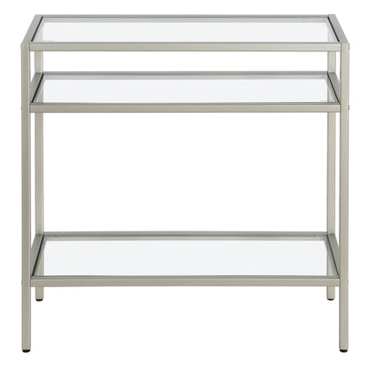 24" Nickel And Clear Glass And Steel End Table With Two Shelves