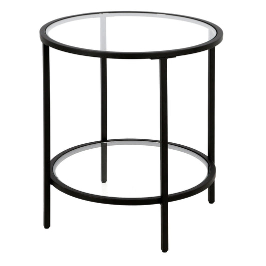 22" Black And Clear Glass And Steel Round End Table With Shelf