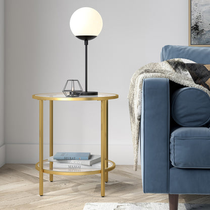 22" Brass And Clear Glass And Steel Round End Table With Shelf