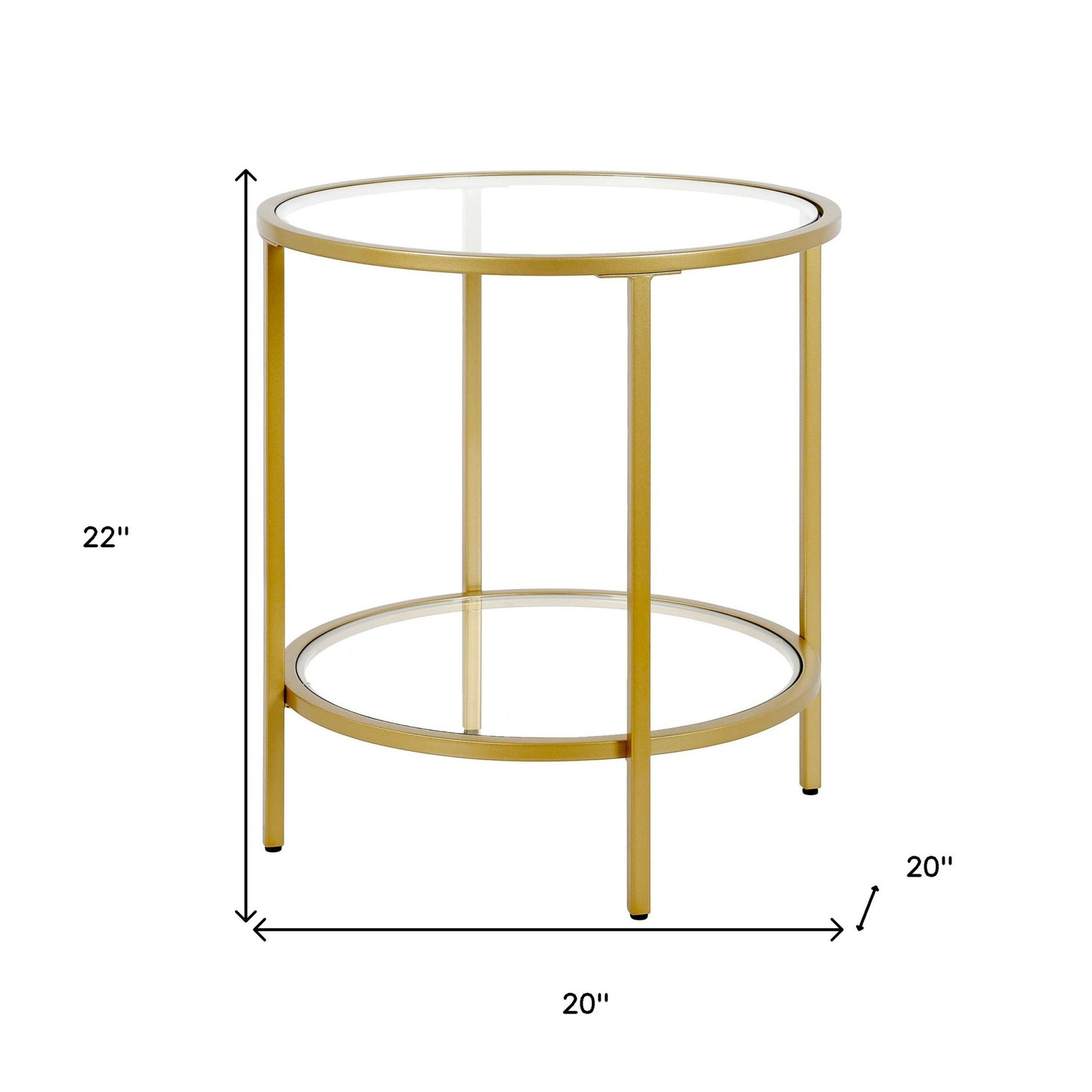 22" Brass And Clear Glass And Steel Round End Table With Shelf