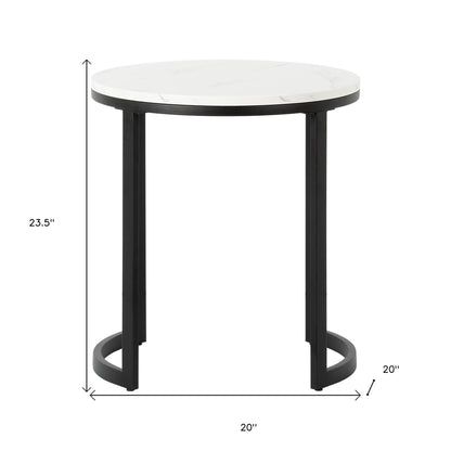 24" Black And White Faux Marble And Steel Round End Table