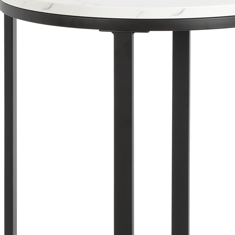 24" Black And White Faux Marble And Steel Round End Table