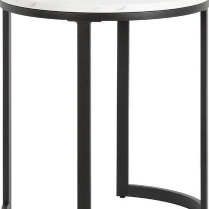 24" Black And White Faux Marble And Steel Round End Table