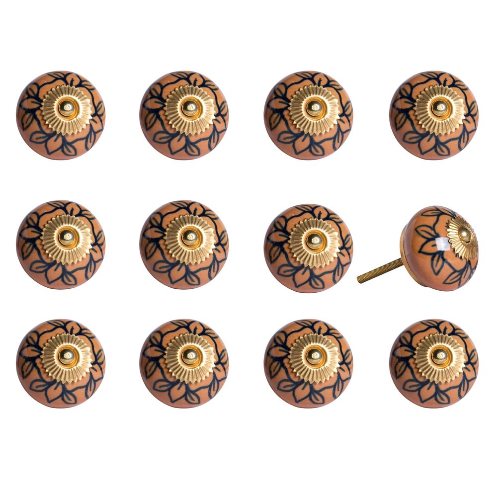 Set of Twelve Blue And Orange Ceramic And Metal Drawer Pull Knobs HomeRoots