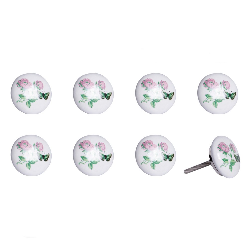 Set of Eight Light Pink And White Ceramic And Metal Floral Drawer Pull Knobs HomeRoots