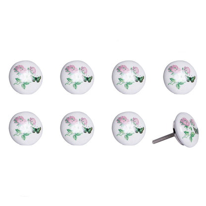 Set of Eight Light Pink And White Ceramic And Metal Floral Drawer Pull Knobs HomeRoots