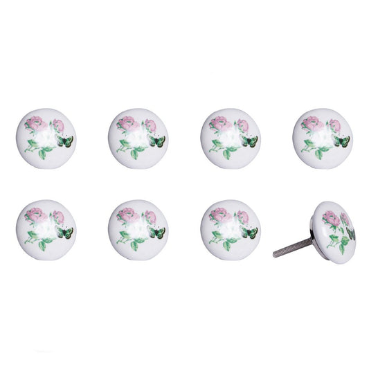 Set of Eight Light Pink And White Ceramic And Metal Floral Drawer Pull Knobs HomeRoots