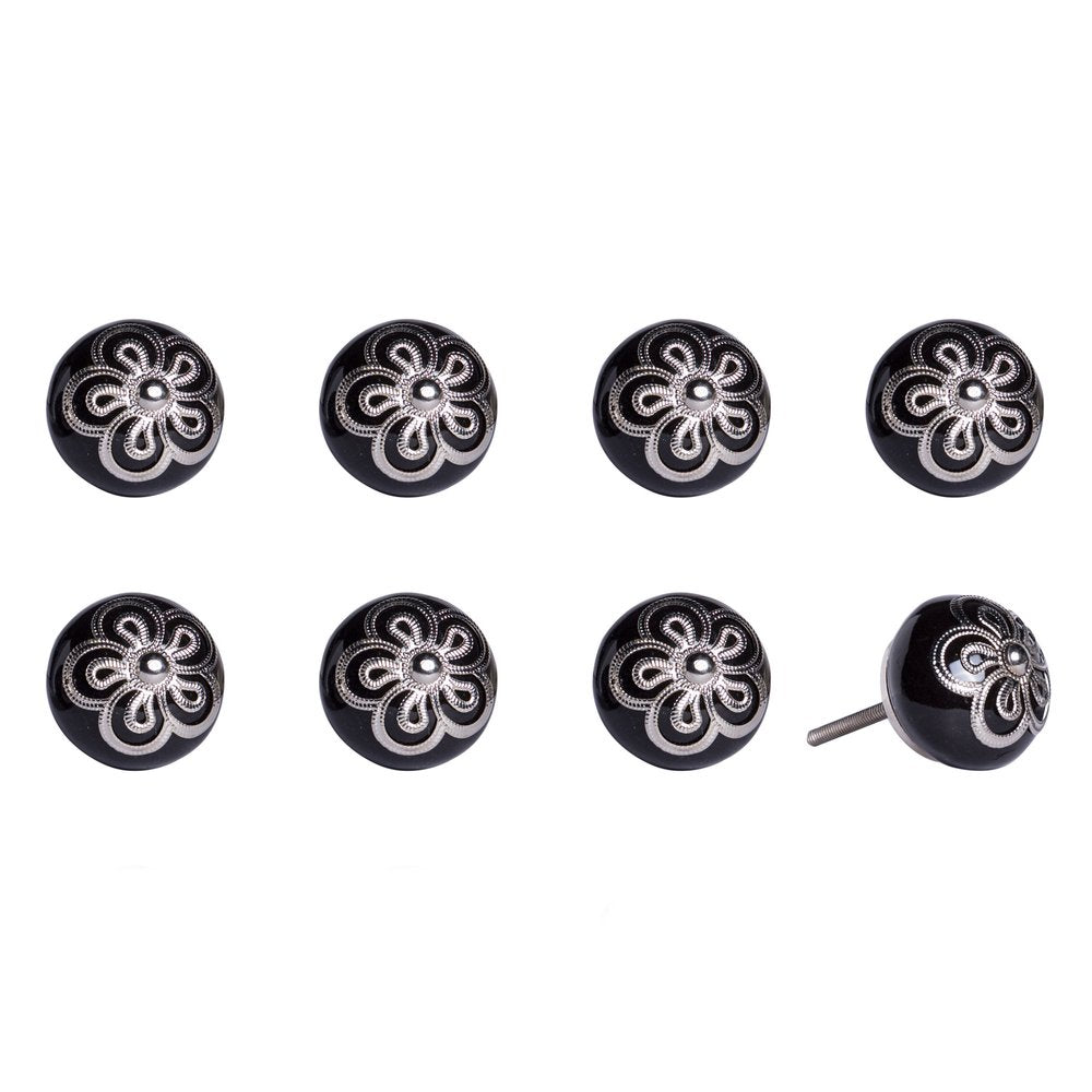 Set of Eight Black And Silver Ceramic And Metal Drawer Pull Knobs HomeRoots