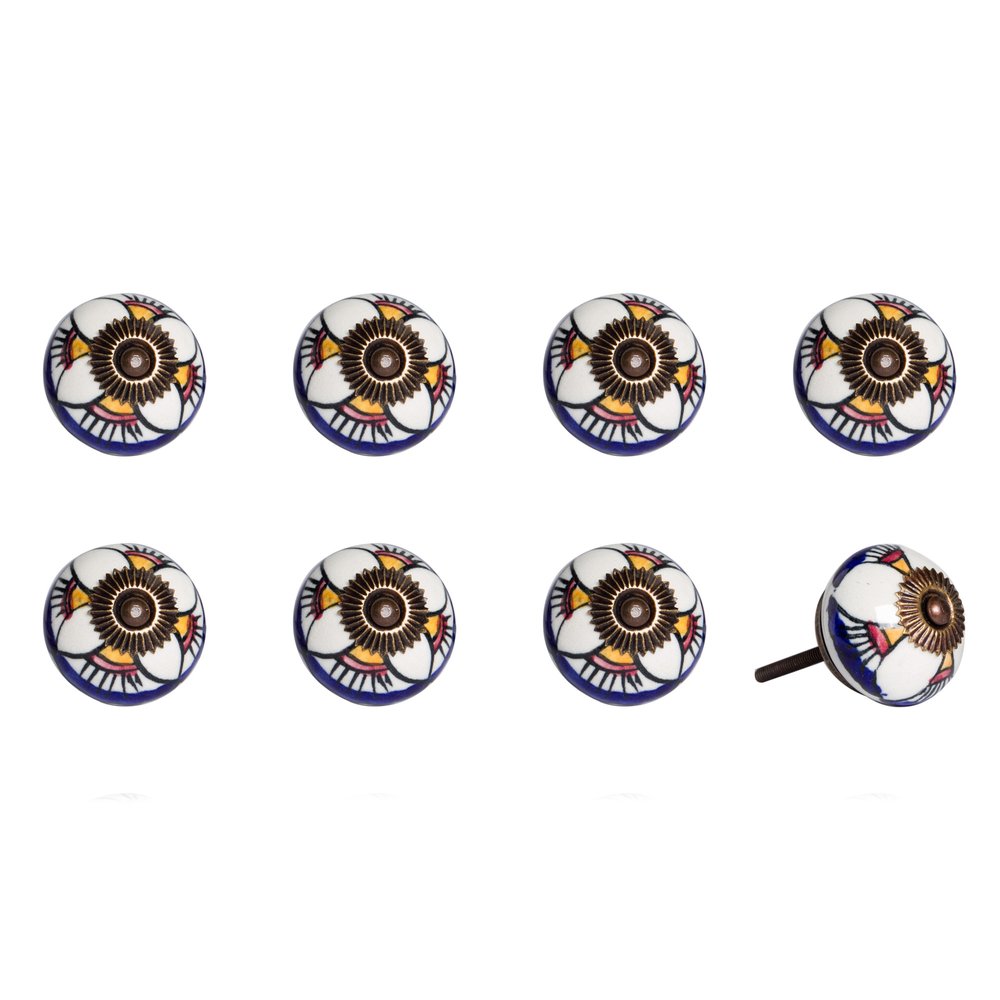 Set of Eight Blue And White Ceramic And Metal Drawer Pull Knobs HomeRoots
