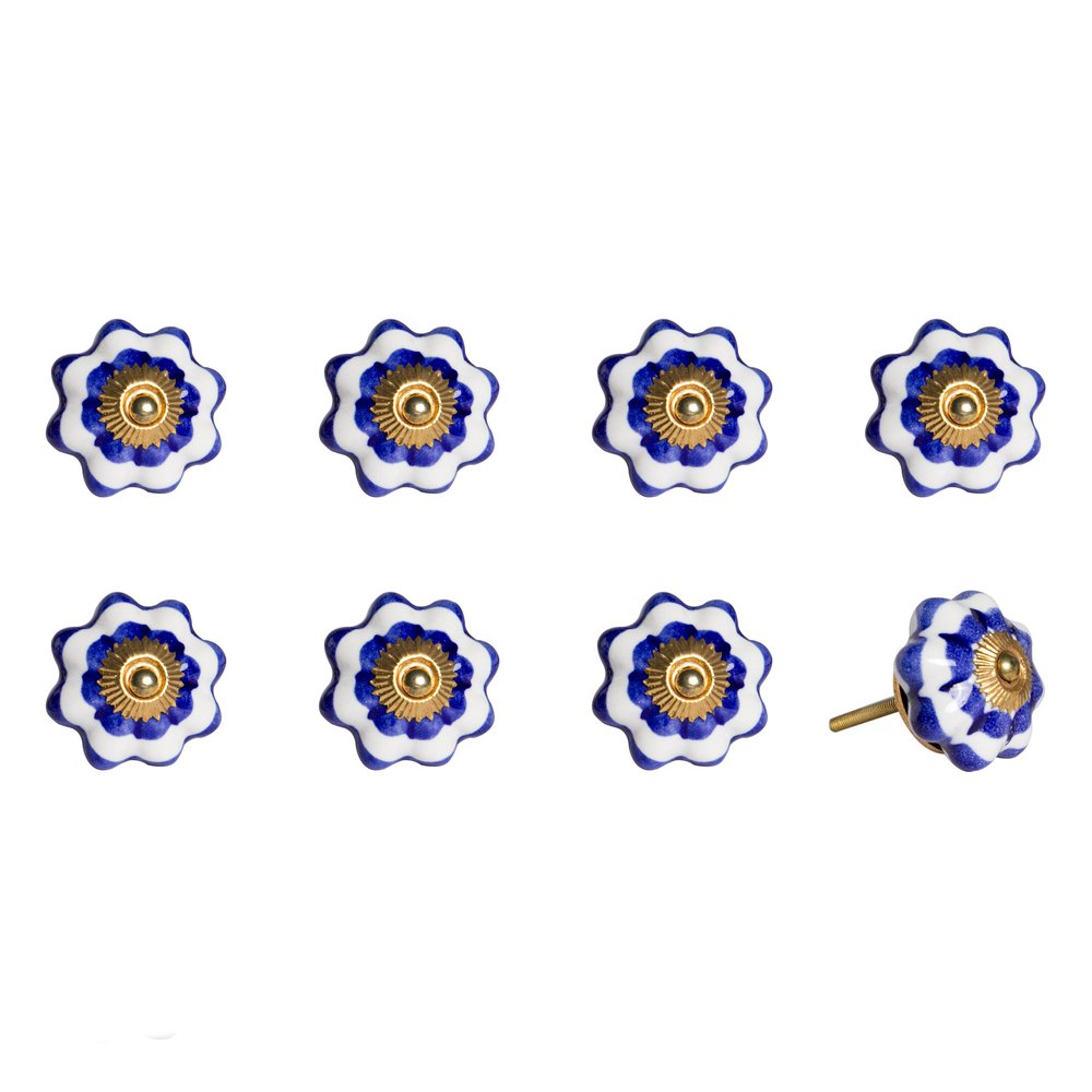 Set of Eight Blue And White Ceramic And Metal Drawer Pull Knobs HomeRoots