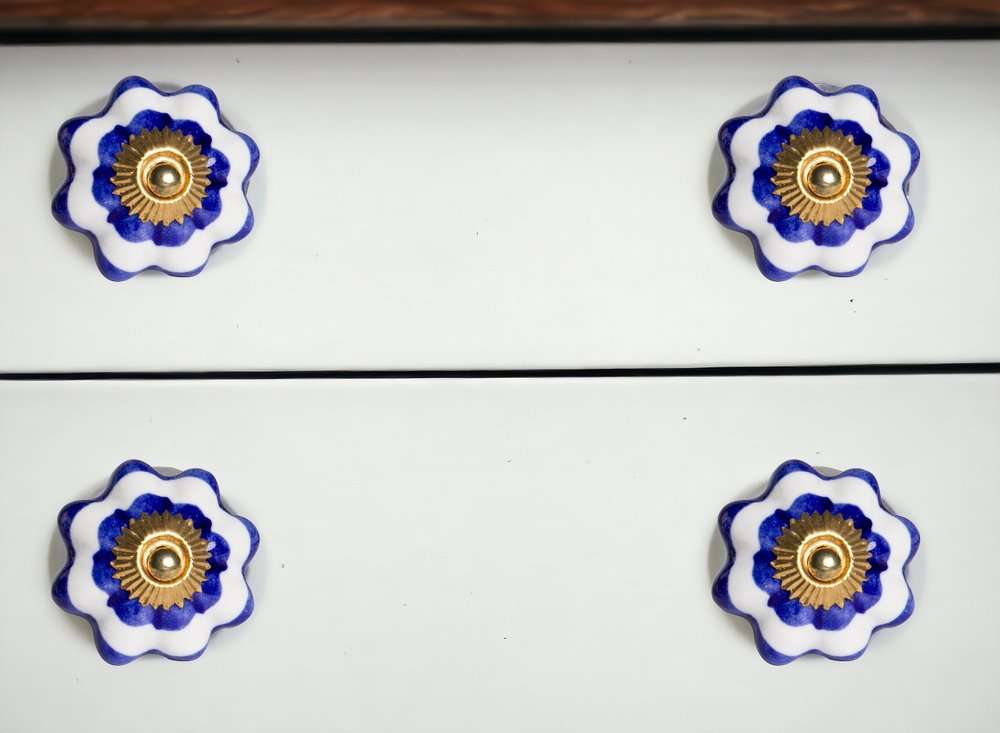 Set of Eight Blue And White Ceramic And Metal Drawer Pull Knobs HomeRoots