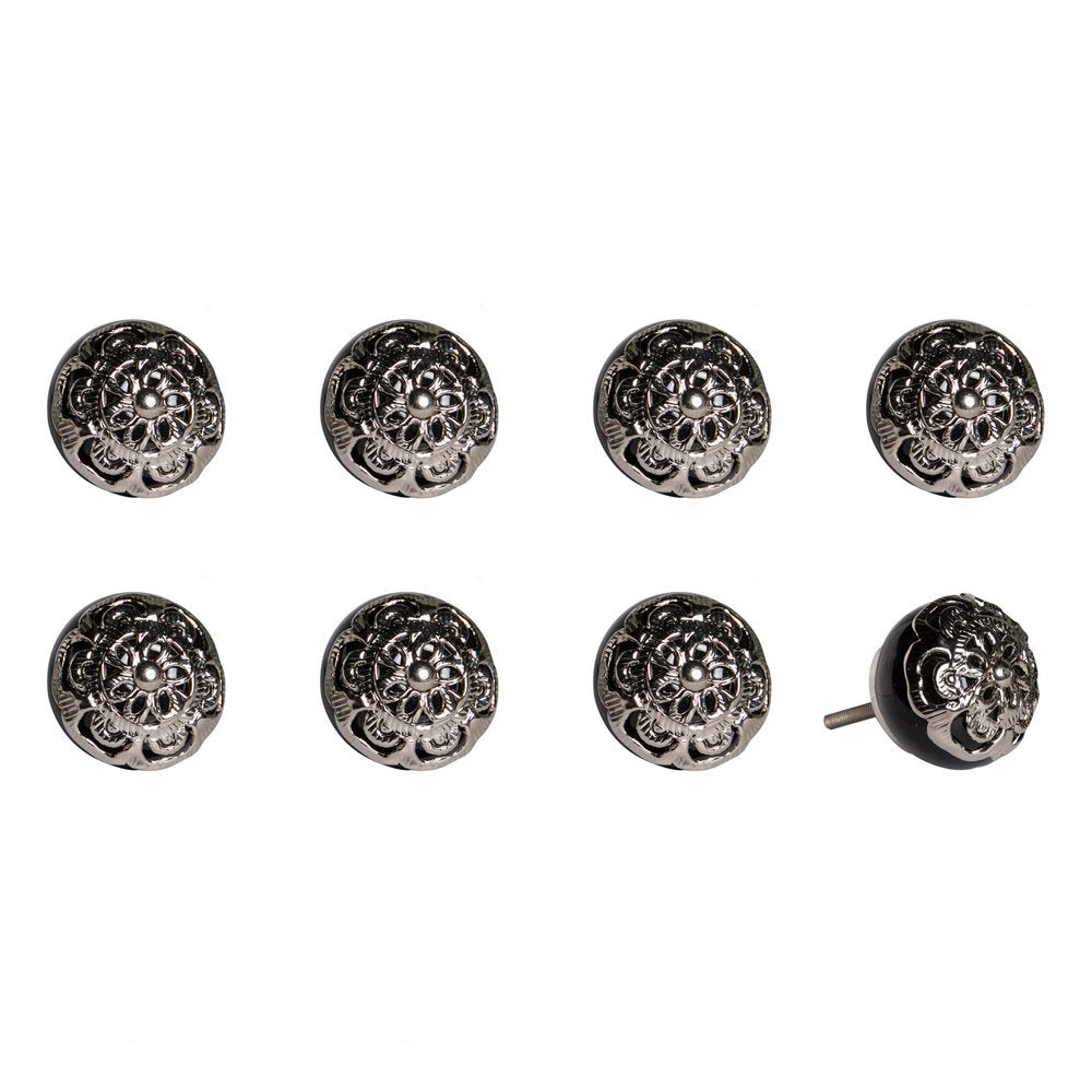 Set of Eight Black And Silver Ceramic And Metal Drawer Pull Knobs HomeRoots