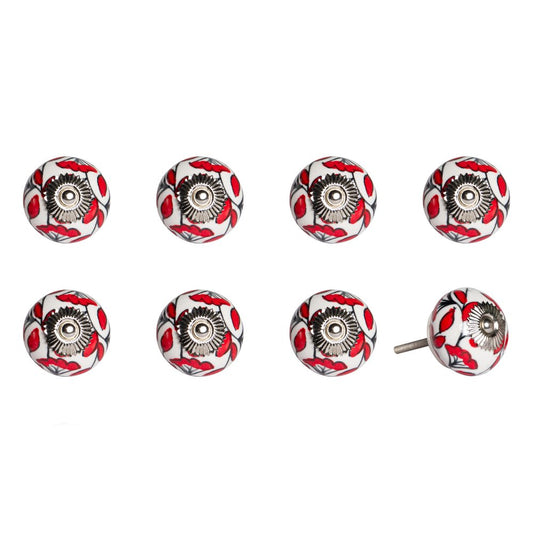 Set of Eight White And Red Ceramic And Metal Drawer Pull Knobs HomeRoots