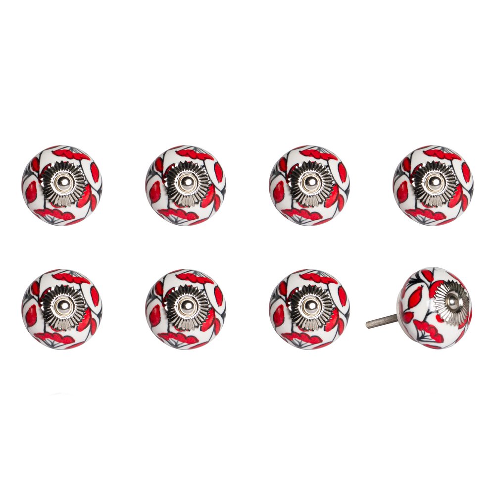Set of Eight White And Red Ceramic And Metal Drawer Pull Knobs HomeRoots
