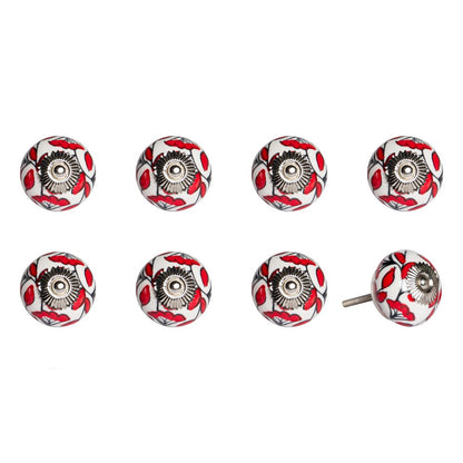 Set of Eight White And Red Ceramic And Metal Drawer Pull Knobs HomeRoots