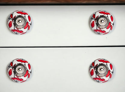 Set of Eight White And Red Ceramic And Metal Drawer Pull Knobs HomeRoots