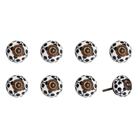 Set of Eight Black And White Ceramic And Metal Drawer Pull Knobs