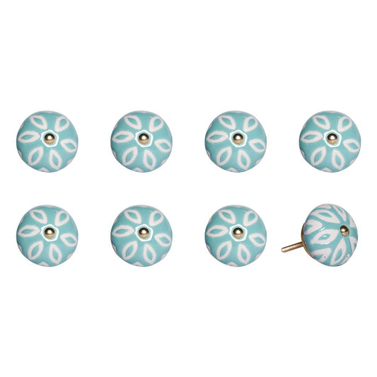 Set of Eight Turquoise And White Ceramic And Metal Drawer Pull Knobs HomeRoots