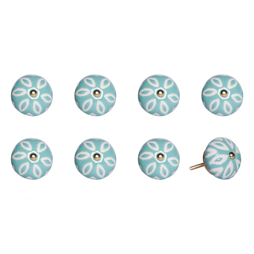 Set of Eight Turquoise And White Ceramic And Metal Drawer Pull Knobs HomeRoots
