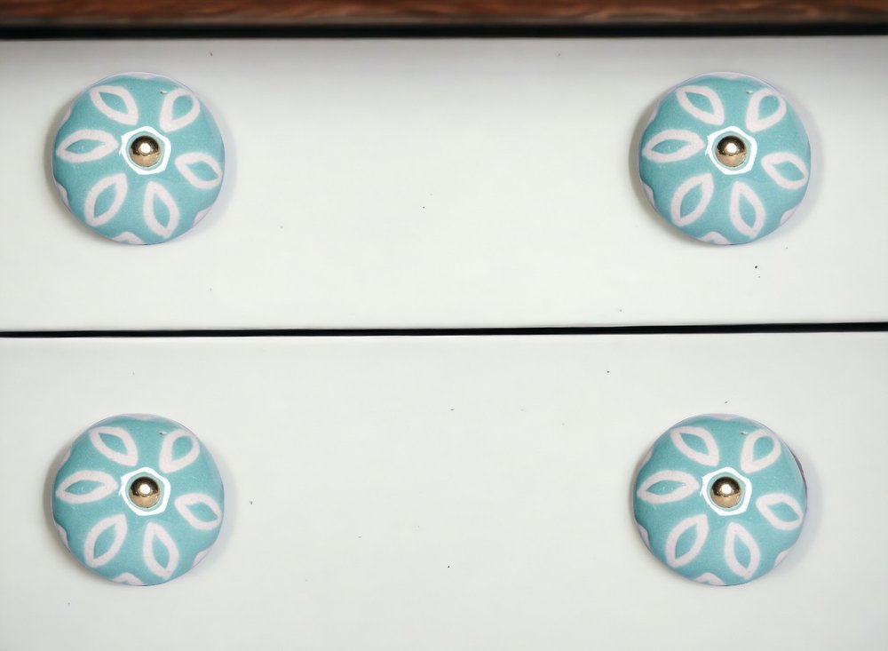 Set of Eight Turquoise And White Ceramic And Metal Drawer Pull Knobs HomeRoots