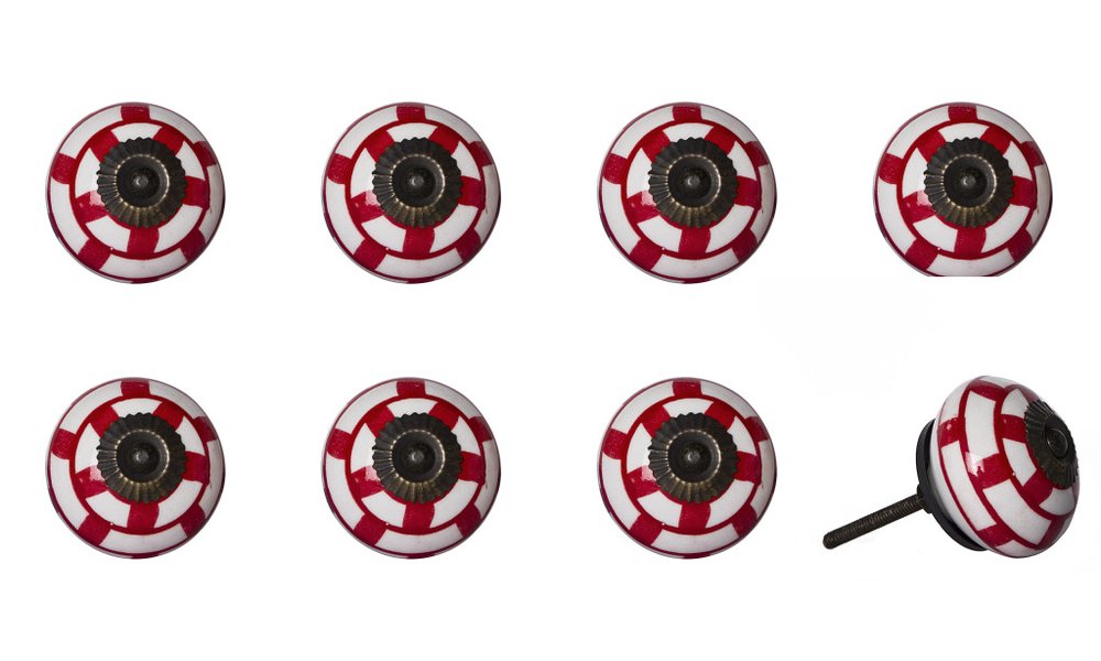 Set of Eight White And Red Ceramic And Metal Drawer Pull Knobs HomeRoots