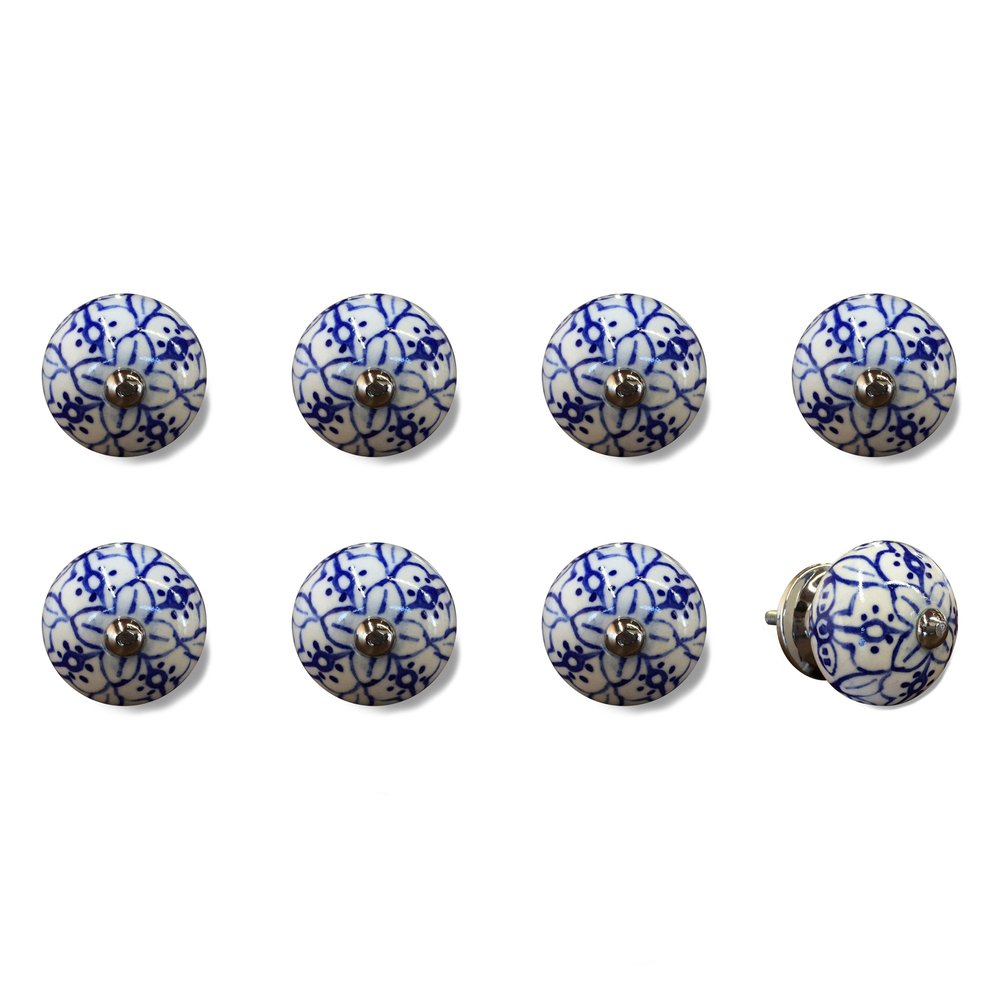 Set of Eight Blue And White Ceramic And Metal Drawer Pull Knobs HomeRoots