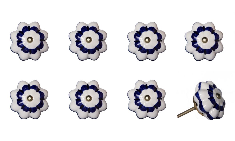 Set of Eight Blue And White Ceramic And Metal Drawer Pull Knobs HomeRoots
