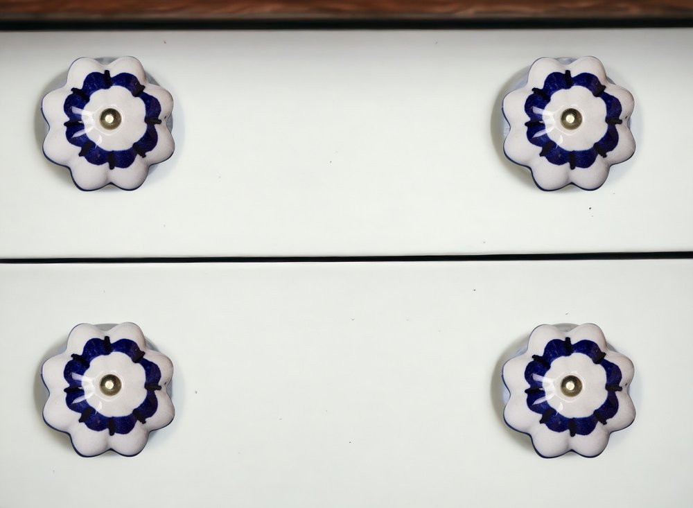 Set of Eight Blue And White Ceramic And Metal Drawer Pull Knobs HomeRoots