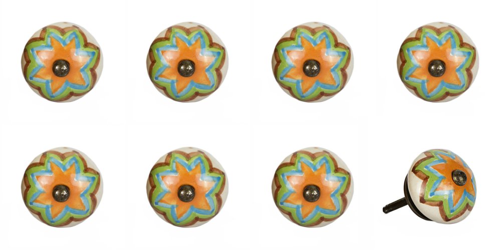 Set of Eight Blue And Orange Ceramic And Metal Drawer Pull Knobs HomeRoots