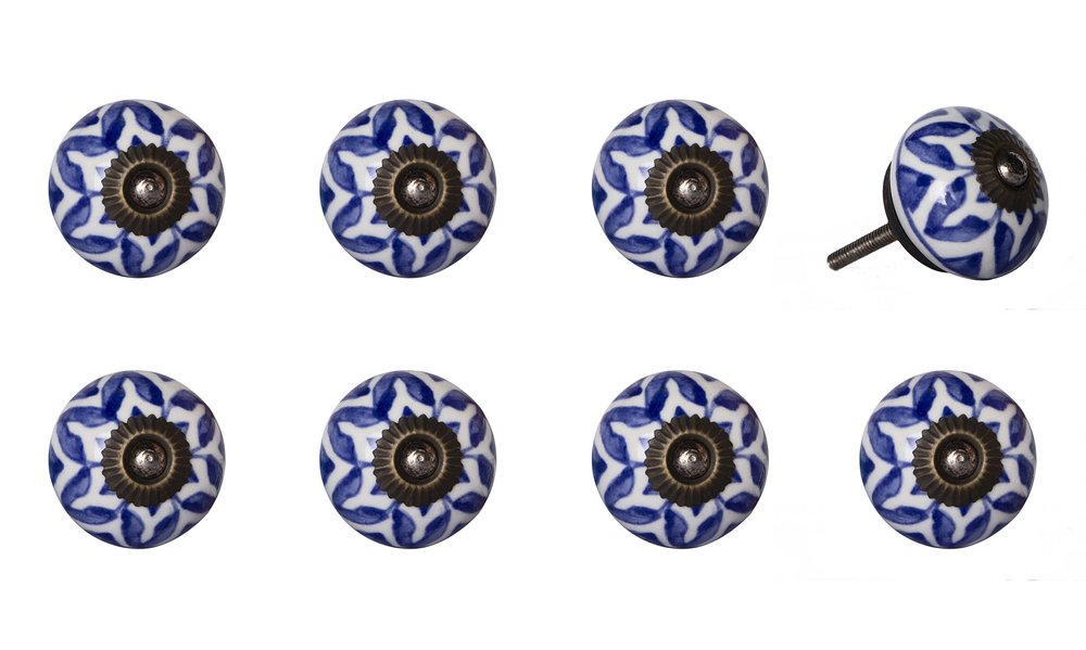 Set of Eight Blue And White Ceramic And Metal Drawer Pull Knobs HomeRoots