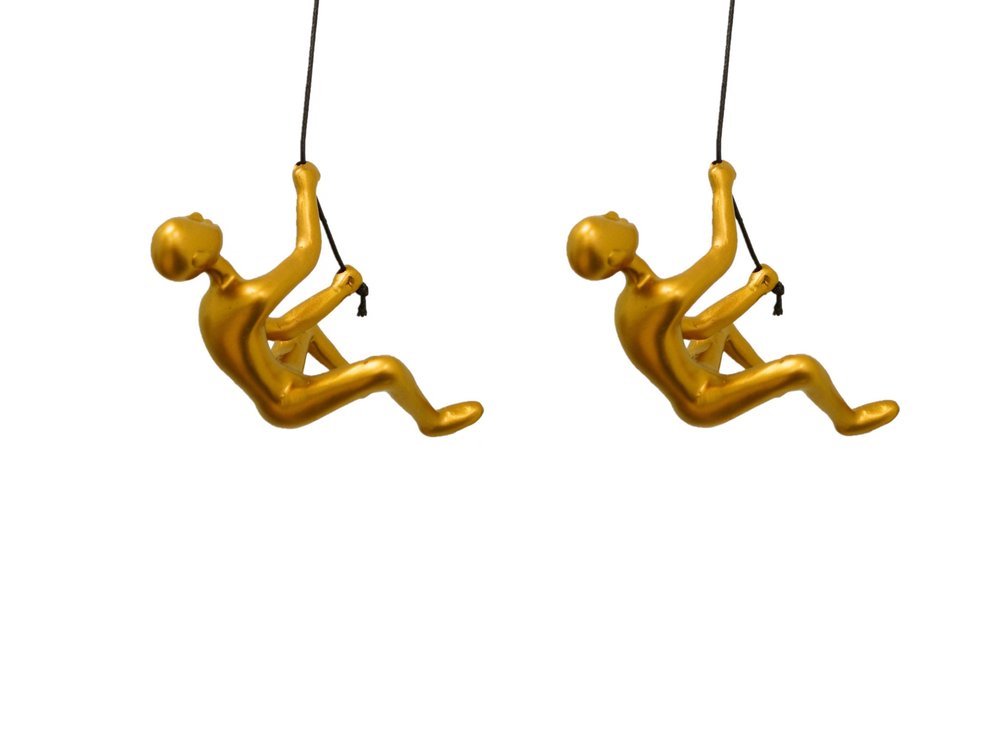 Set of Two Gold Resin Climbing Man Hanging Dimensional Sculpture — view 1