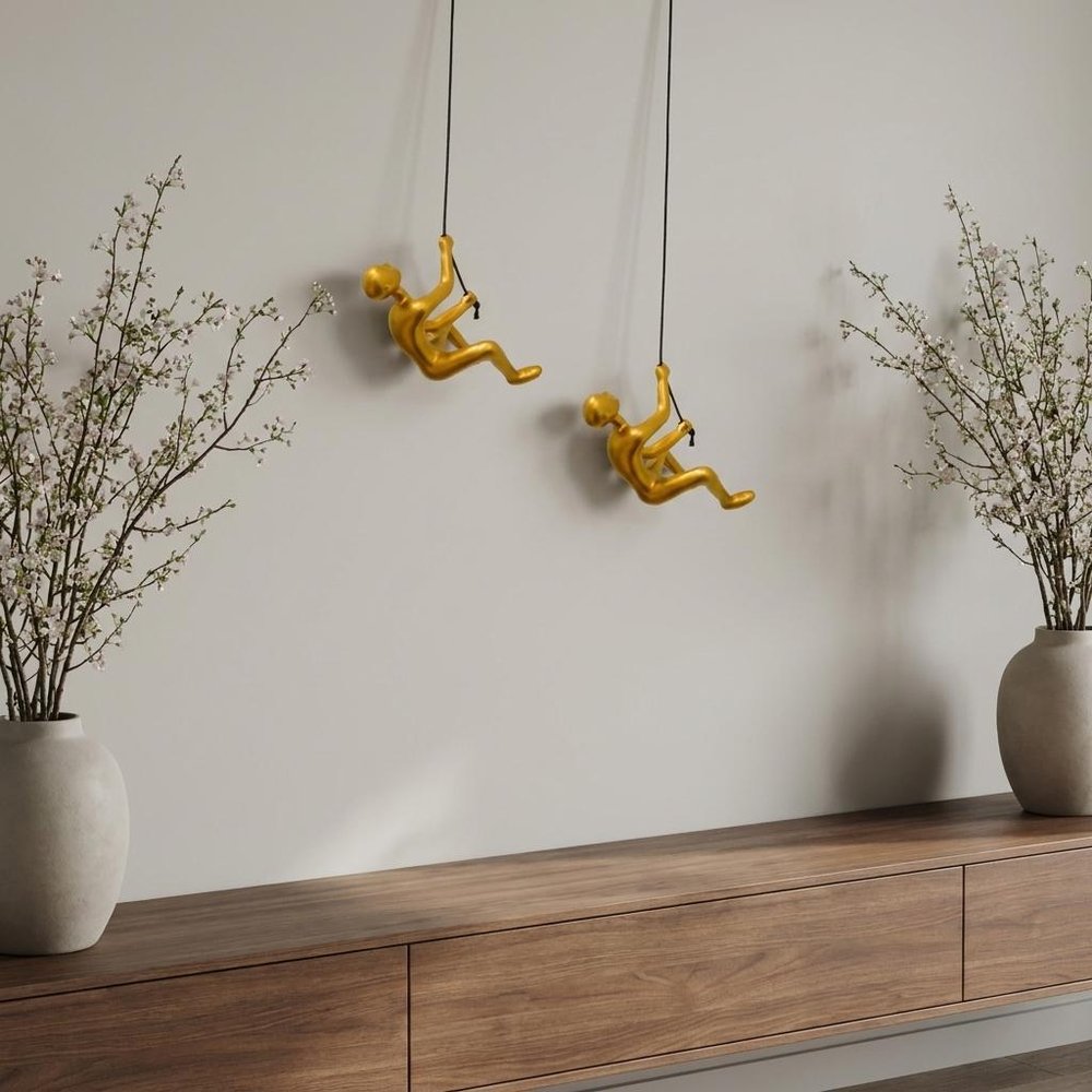 Set of Two Gold Resin Climbing Man Hanging Dimensional Sculpture — view 7