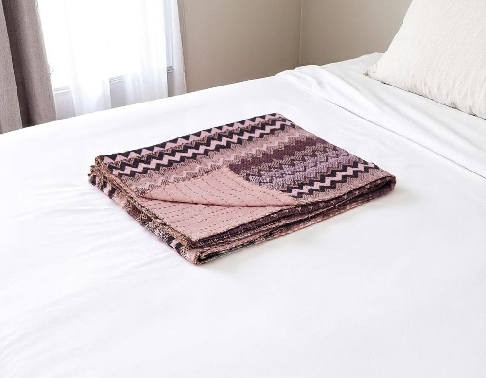 50" X 70" Black And Pink Cotton Kantha Chevron Throw Blanket HomeRoots