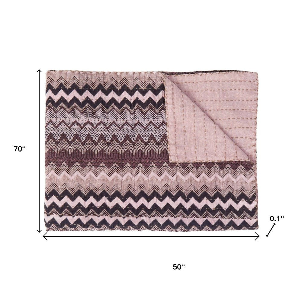50" X 70" Black And Pink Cotton Kantha Chevron Throw Blanket HomeRoots