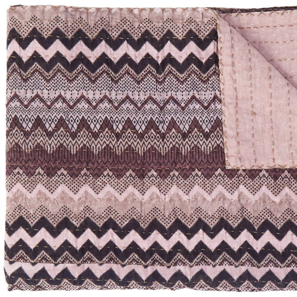 50" X 70" Black And Pink Cotton Kantha Chevron Throw Blanket HomeRoots