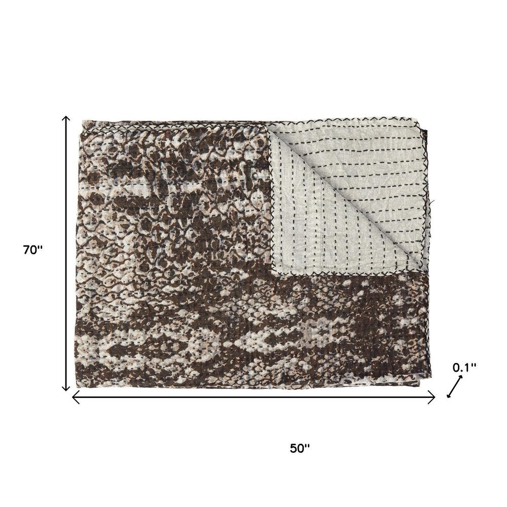 50" X 70" Brown And Ivory Cotton Quilted Kantha Throw Blanket With Embroidery HomeRoots