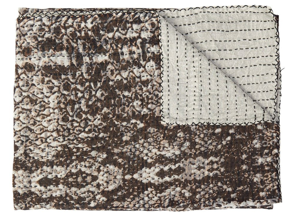 50" X 70" Brown And Ivory Cotton Quilted Kantha Throw Blanket With Embroidery HomeRoots