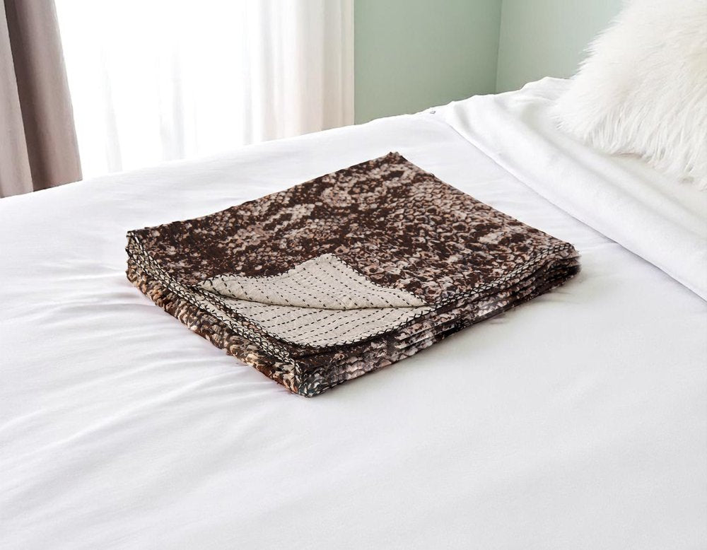 50" X 70" Brown And Ivory Cotton Quilted Kantha Throw Blanket With Embroidery HomeRoots