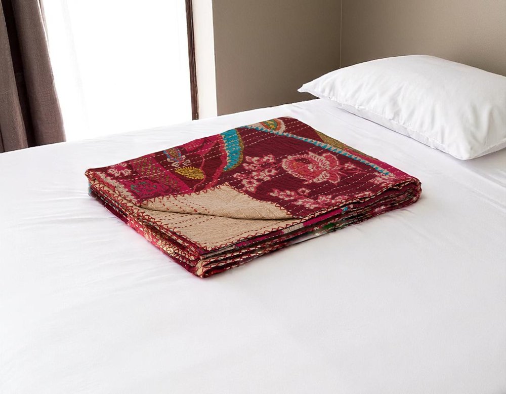 50" X 70" Red Floral Cotton Quilted Kantha Throw Blanket with Embroidery HomeRoots