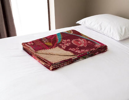 50" X 70" Red Floral Cotton Quilted Kantha Throw Blanket with Embroidery HomeRoots