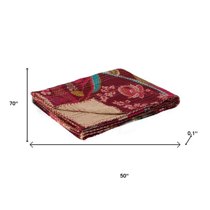 50" X 70" Red Floral Cotton Quilted Kantha Throw Blanket with Embroidery HomeRoots