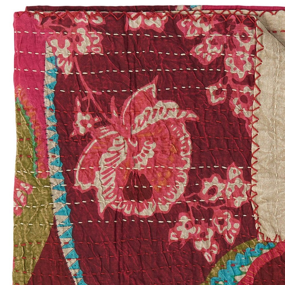 50" X 70" Red Floral Cotton Quilted Kantha Throw Blanket with Embroidery HomeRoots