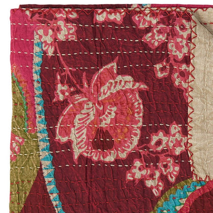 50" X 70" Red Floral Cotton Quilted Kantha Throw Blanket with Embroidery HomeRoots